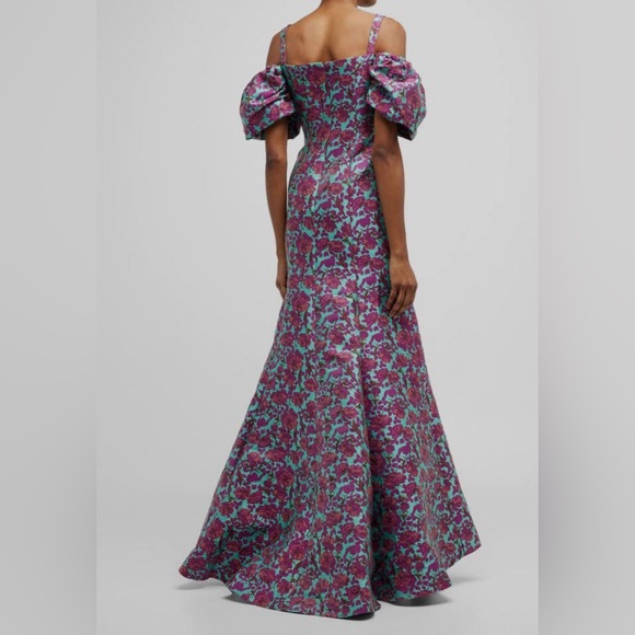 $1492 Zac Posen Women's Purple Floral Jacquard Cold Shoulder Gown - Picture 3 of 8